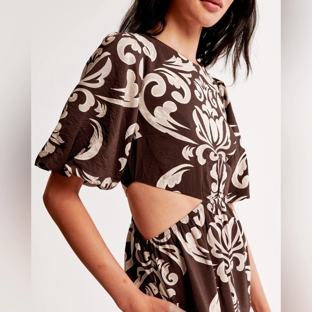 Abercrombie & Fitch Short Puff Sleeve Cutout Maxi Dress Brown Tan Floral Pattern